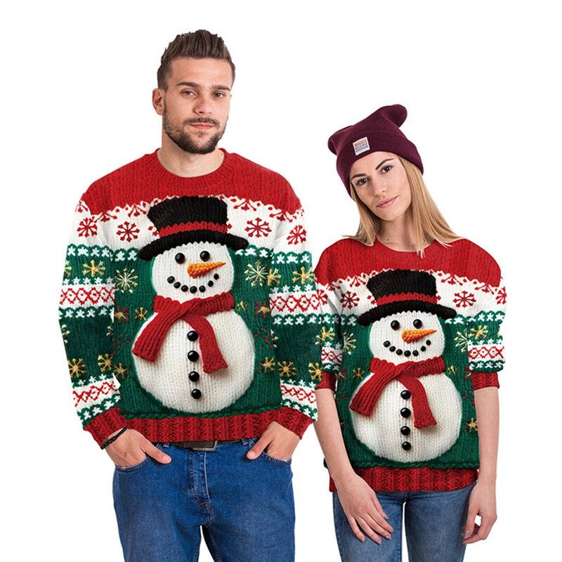 Women's Christmas Sweatshirt Snowman Christmas Tree Imitation Sweater Pattern 3D Digital Printed Pullover Winter Printed Sweater