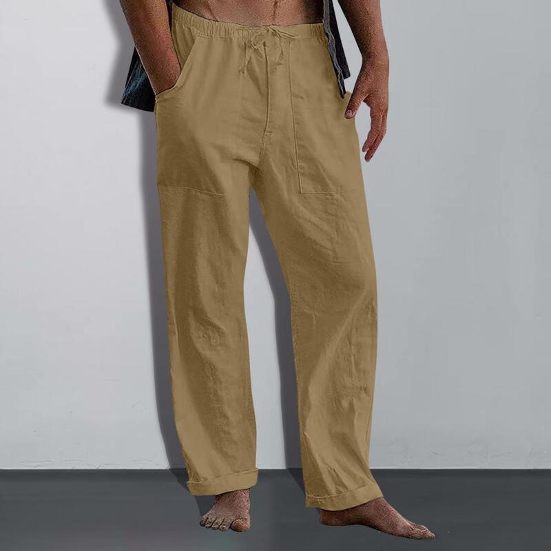 Celana olahraga tali serut pria, Bawahan kasual kaki lebar pinggang elastis dengan saku samping untuk latihan Gym Jogging polos