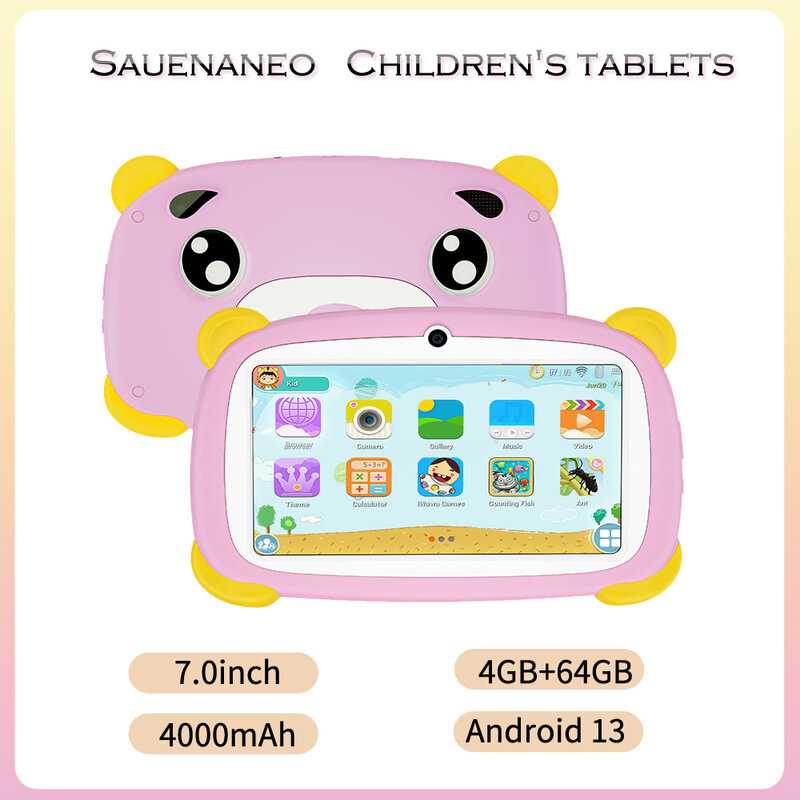 Tablet anak-anak 7 inci Global 2024, RAM 4GB ROM 64GB portabel dan ringan, siap belajar Android 9 baterai 4000mAh