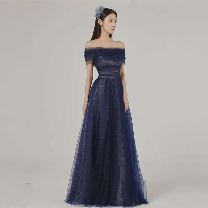Glitter Navy Blue Tulle Long Korea Evening Dresses With Bolero Wedding Photo shoot Corset Back Prom Gowns Party DressCL-546