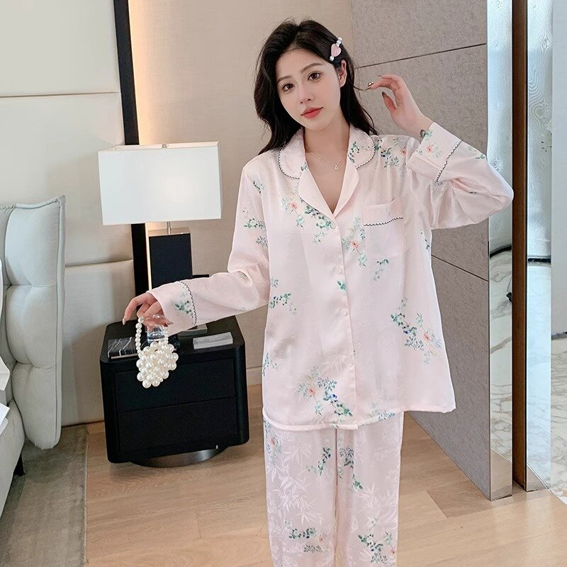 New Ice Silk Pajamas Women's Spring and Autumn Simple Thin Outer Wearing Home Clothes High-end Fashionable Summer suit
