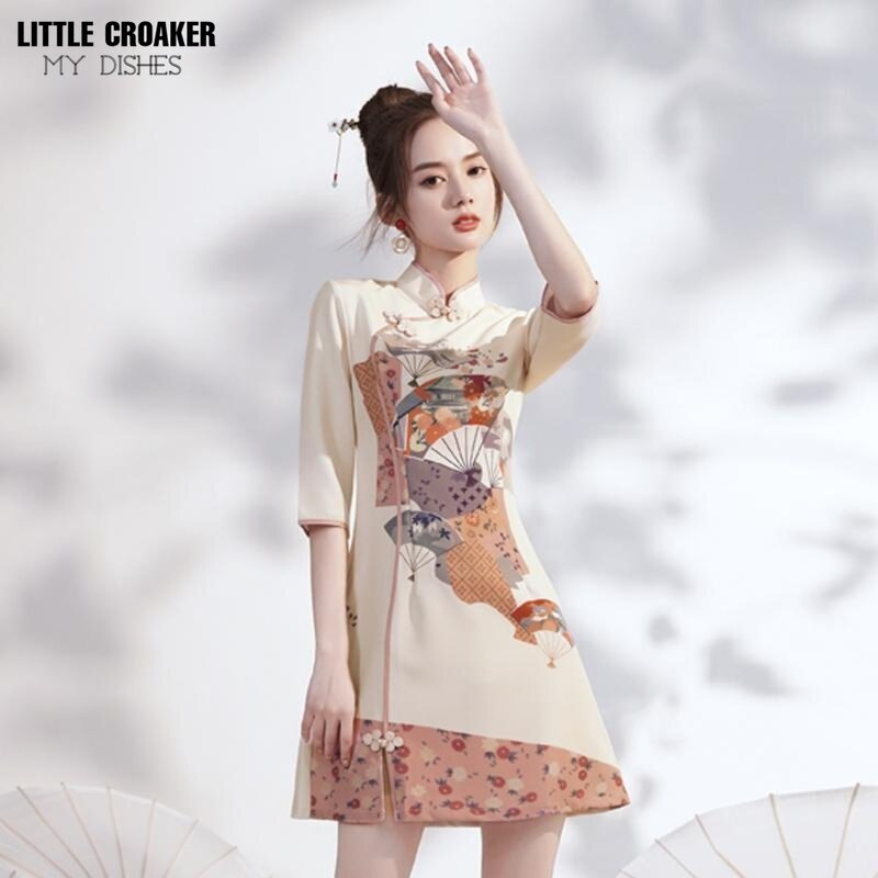 Women Qipao 2023 Summer Young Modified Cheongsam Dress Chinese Small Short Chinoiserie Retro Girls Dress