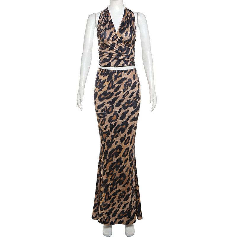 Leopard Print Women's Prom Dress Deep V Neck Sleeveless Halter Top+Summer Party Gown Beach Holiday Skirt Robes 2 Pieces Set