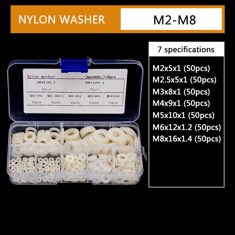 Kit d'assortiment de joints toriques d'étanchéité en plastique dur, Protection pour rondelle en Nylon M2 M2.5 M3 M4 M5 M6 M8, 350 pièces/364 pièces