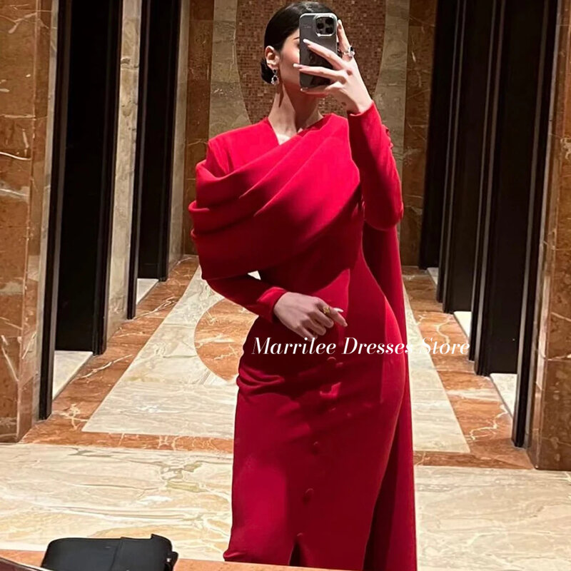 Marrilee Elegant Red Off Shoulder Long Sleeves Mermaid Stain Evening Dresses Black Floor Length Prom Gowns Formal Occasions 2024