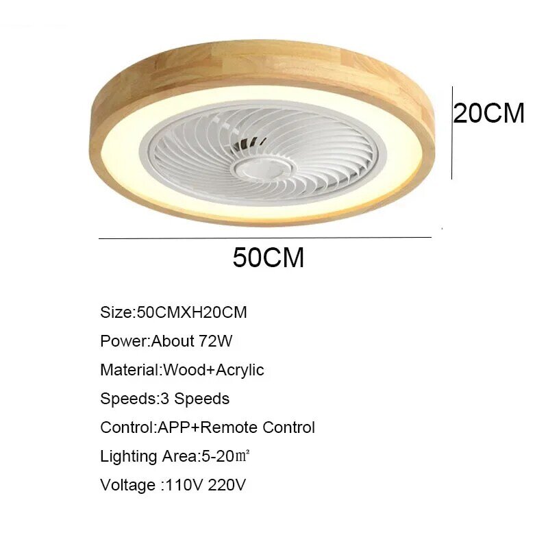 Ventiladores de teto de madeira com controle remoto do aplicativo, ventilador LED quadrilateral redondo, sala de estar, iluminação moderna simples, 110V, 220V, 20in