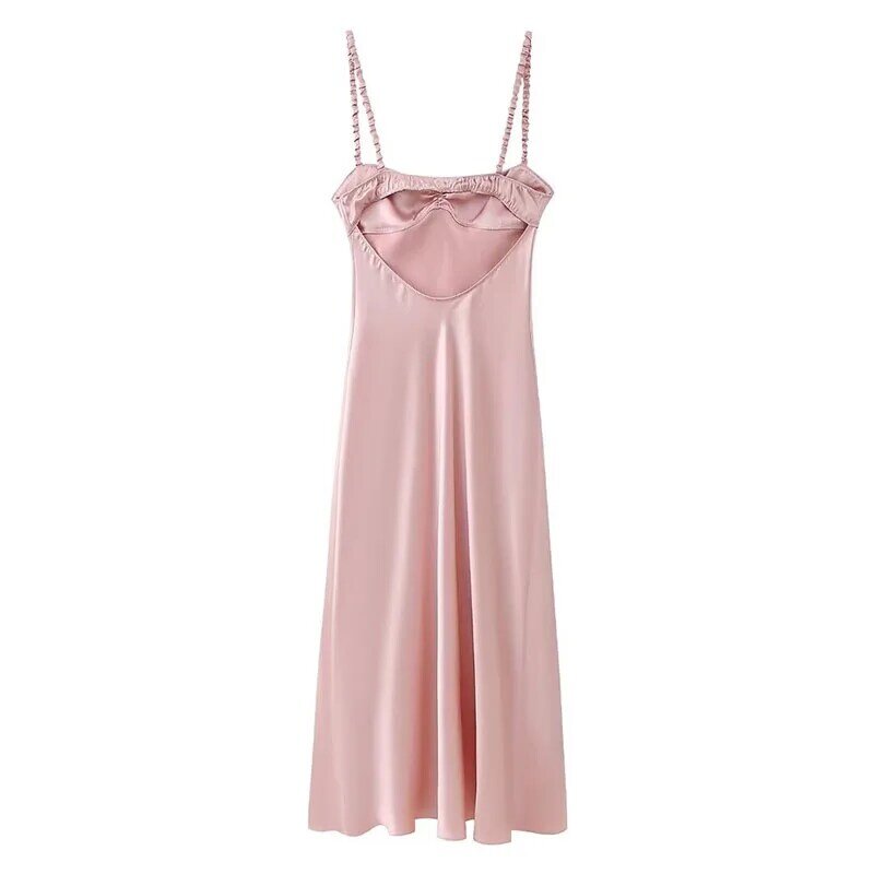Vestido de verano para mujer, ropa interior con textura de satén de seda con flores, vestido de noche rosa con tirantes, ropa de banquete, 2024