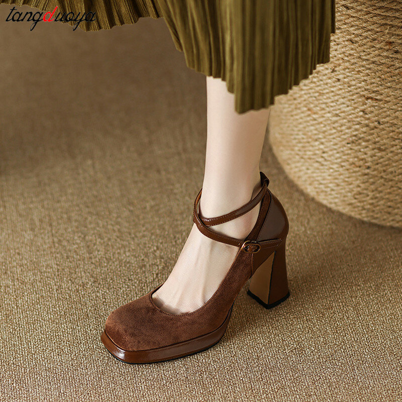 Women Sexy High Heels Leather Thick Soled Platform Bottom brown Black Work Shoes Woman Dress Wedding Pumps Zapatos Tacon Mujer
