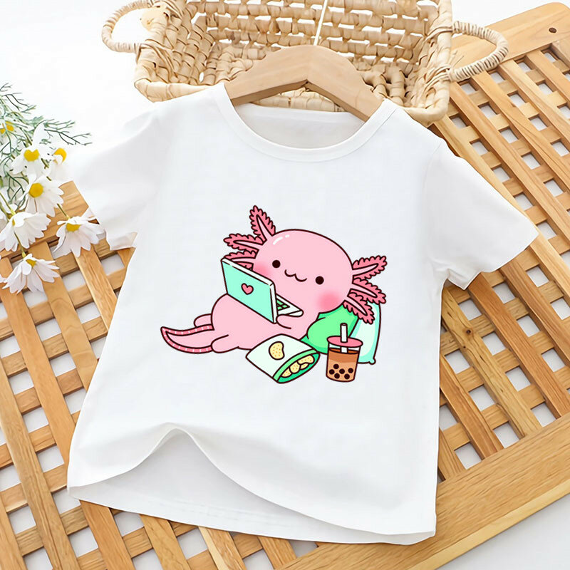 Cute Relax Axolotl Print T-shirt engraçada para crianças, tops de verão, roupas infantis, desenhos animados kawaii t-shirt de manga curta para crianças