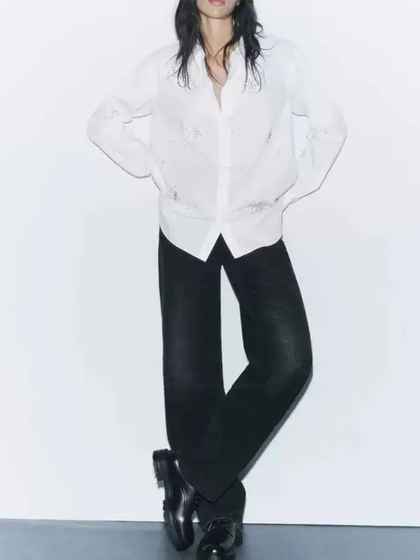 Blusa bordada con incrustaciones para mujer, camisa de manga larga con botones, Estilo Vintage, a la moda, novedad de 2023