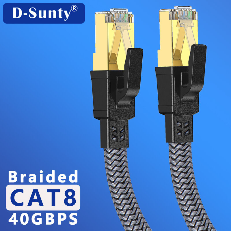 D-Sunty Ethernet Cable CAT8 40Gbps Nylon Braided Network Lan Cord for PC Modem Laptop PS 5 Router RJ45 Flat Cable Ethernet Cat 8