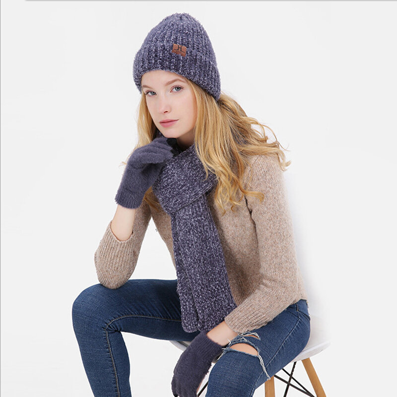 Ensemble de gants et écharpes pour femme, bonnet épais et chaud, en Chenille, tricoté, 3 pièces, collection hiver 2022