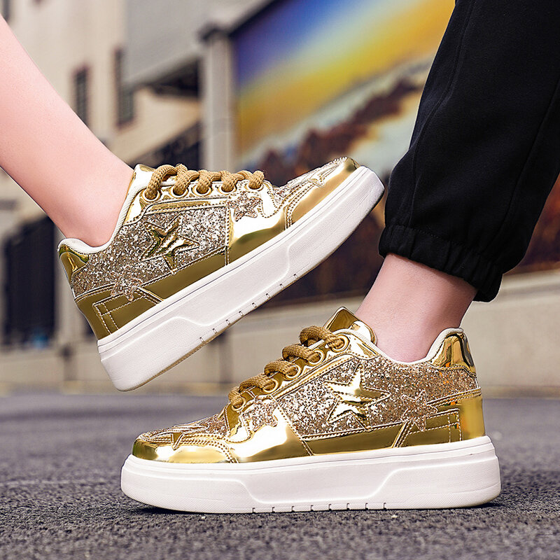 Zapatos dorados de diseñador de lujo para hombre y mujer, zapatillas de deporte con plataforma de estrella, informales, con aumento de altura, elegantes
