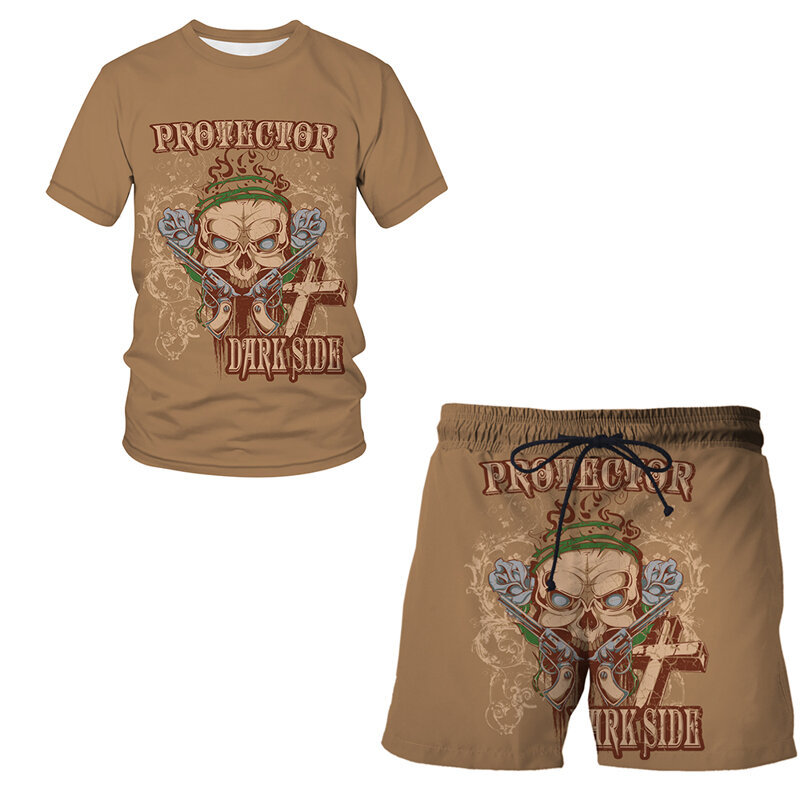 Conjunto de camiseta y pantalones cortos con estampado 3D de calavera de Terror para hombre, ropa deportiva informal de manga corta con cuello redondo, de verano