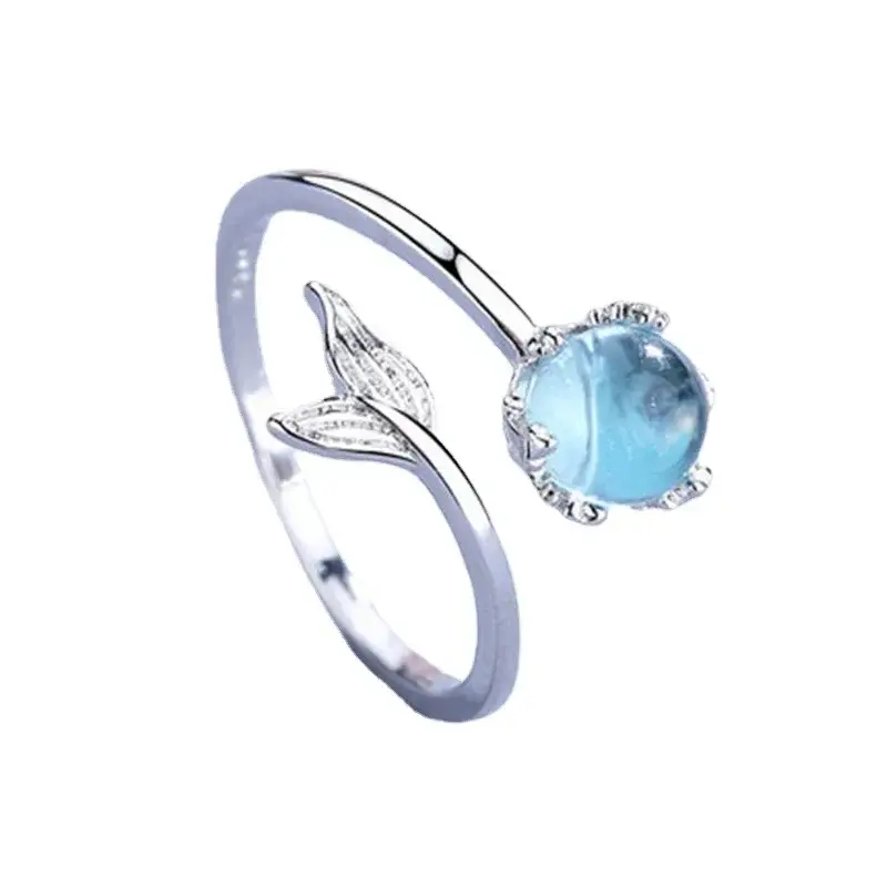 Mode 925 perak murni ekor ikan kristal cincin dapat disesuaikan untuk wanita pernikahan perhiasan halus aksesoris grosir perhiasan