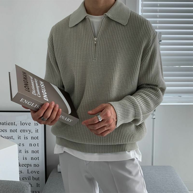 メンズラペル3色セーター,温かみのあるファッショナブルなカジュアルニットセーター,韓国風,ルーズフィット,長袖,ジッパー