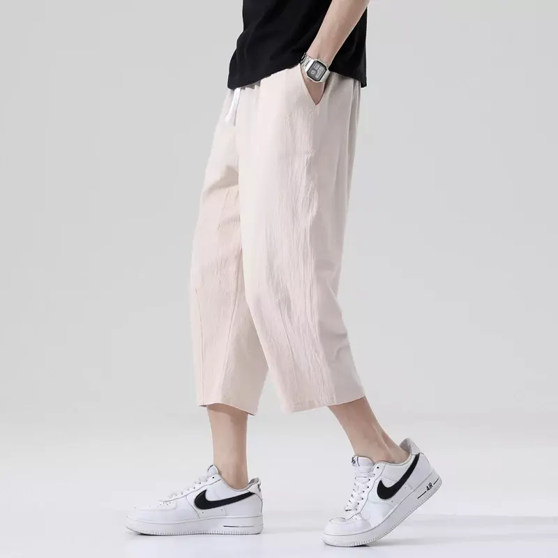 Calça casual masculina de verão, algodão selvagem e linho, calça solta de linho, tendência estilo coreano, calça reta de nove pontos
