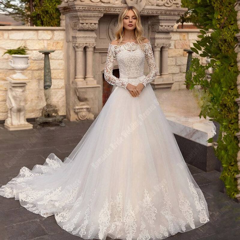 Gaun pernikahan bahu terbuka kerah Sweetheart untuk wanita gaun pengantin Tulle A-Line panjang pel elegan Vestidos De Novias