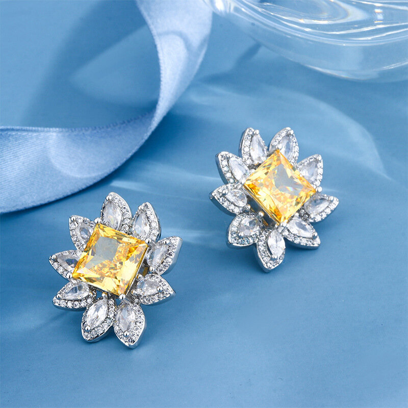 Premium 925 Silver Plated Women's Earrings Fashion High Carbon Diamond Yellow Ice Cut Luxury Princess Earrings