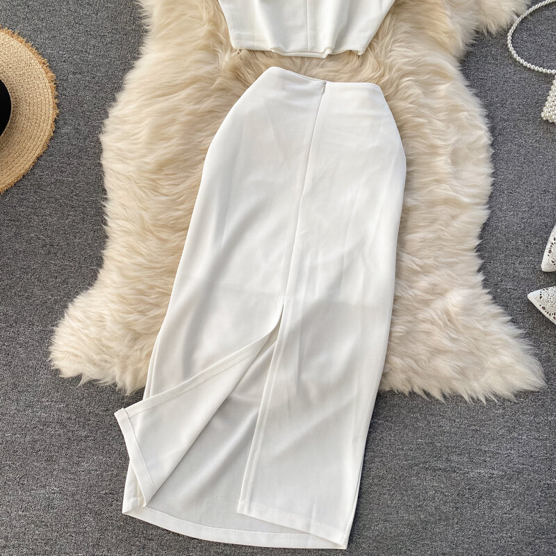 Conjuntos de falda Sexy para mujer, Tops cortos sólidos sin mangas, chaleco + fruncida falda de cintura alta, conjunto de ropa femenina de 2 piezas