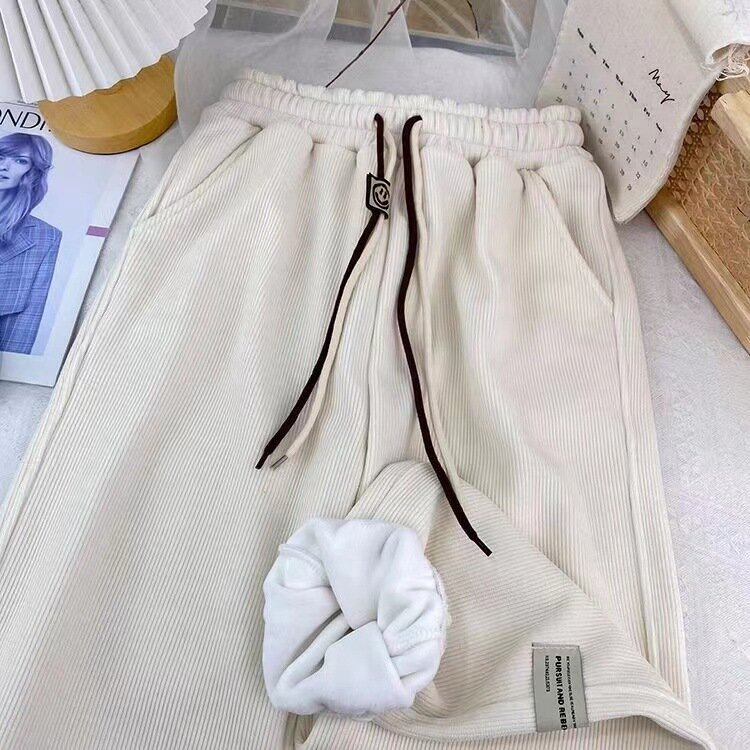Zimowe sztruksowe spodnie z szerokimi nogawkami koreańskie kobiety z wysokim stanem grube ciepłe luźne spodnie dresowe na co dzień damskie wszystkie pasujące spodnie haremowe nowe 2023