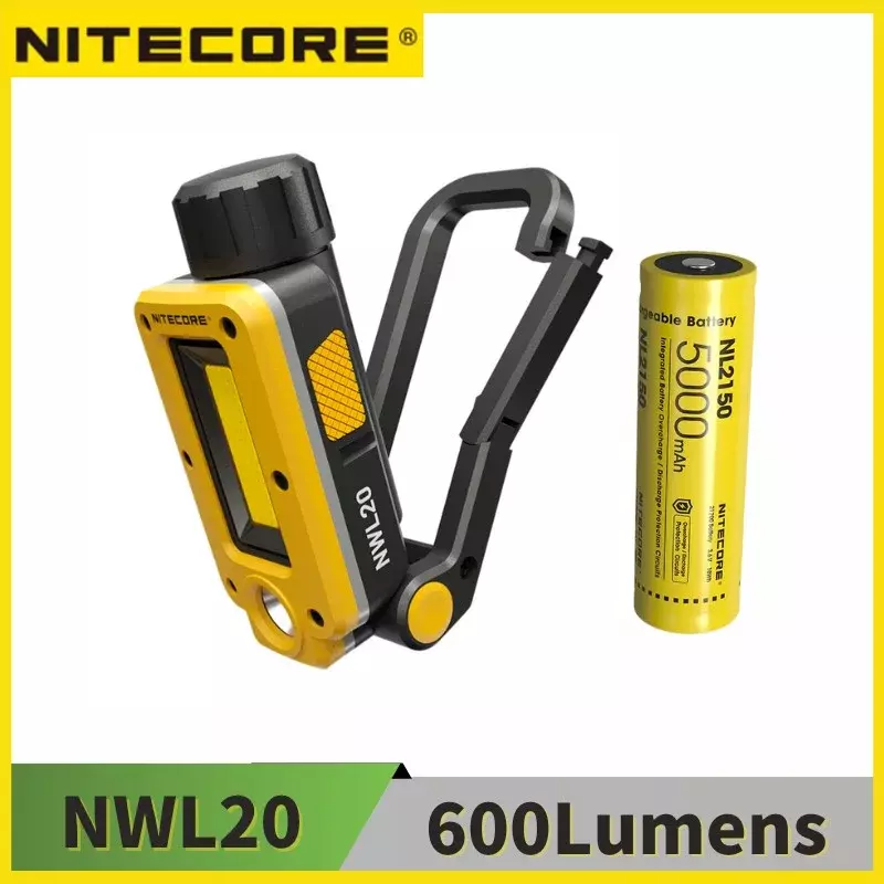 Nitecore-Holofote multifuncional de saída tripla, holofote recarregável, 600lumens, inclui 21700 5000mAh bateria, NW20