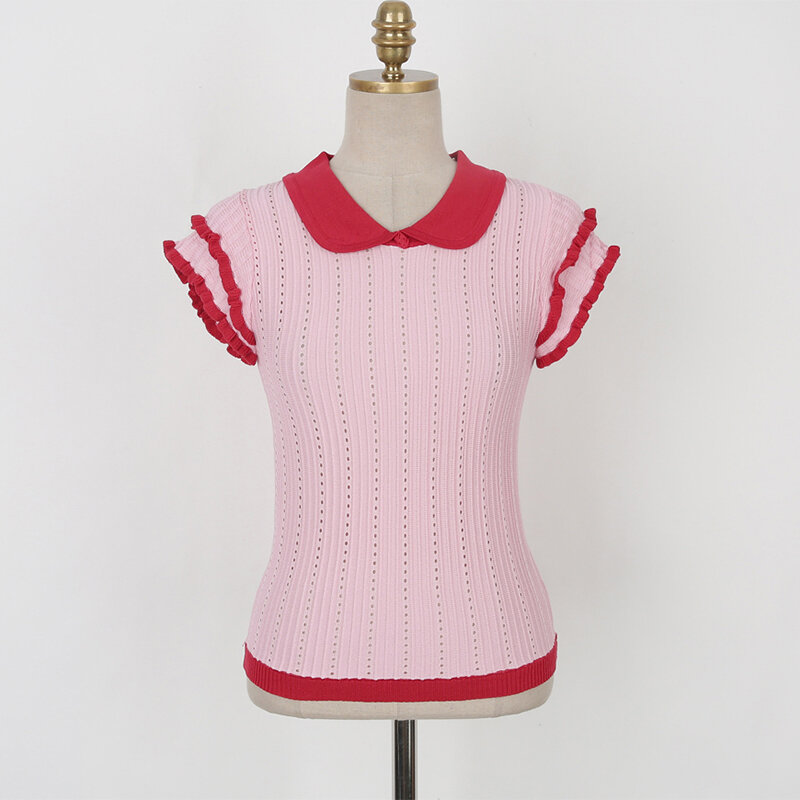 Pink Knit Tops Mulheres 2023 Verão Sem Mangas Vire-down Pescoço Y2k Pullovers Feminino Oco Out Coreano Moda Camisola Das Senhoras