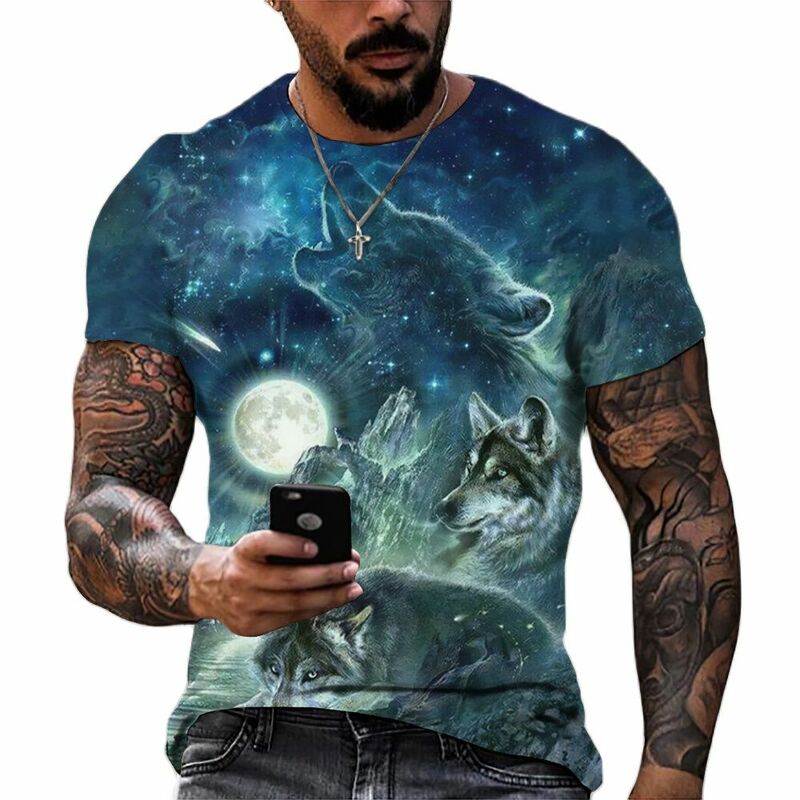 Camiseta de lobo de manga curta masculina, top 3D com estampa animal, camiseta casual de rua, roupas vintage, 2022