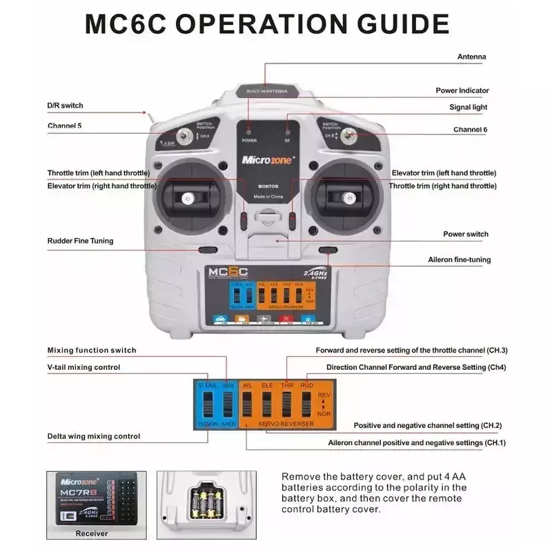 マイクロゾーンコントローラートランスミッターおよびレシーバー,無線システム,ドローン,マルチローター,車,ボート,mc6c,2.4g, 6ch用
