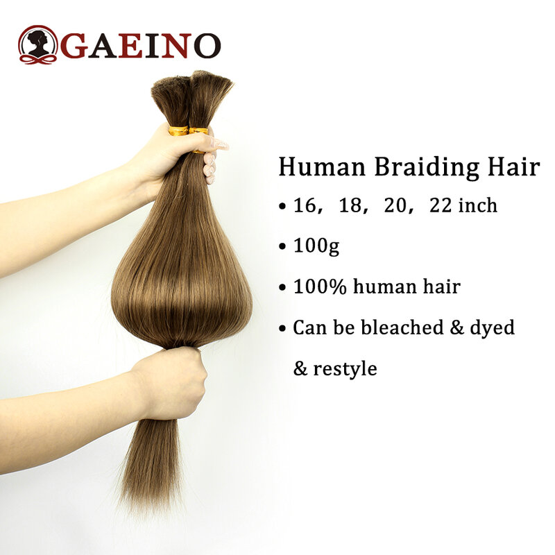 Extensiones de cabello humano indio Remy, pelo liso a granel, sin trenza, Color 8 #, 16 "-28"