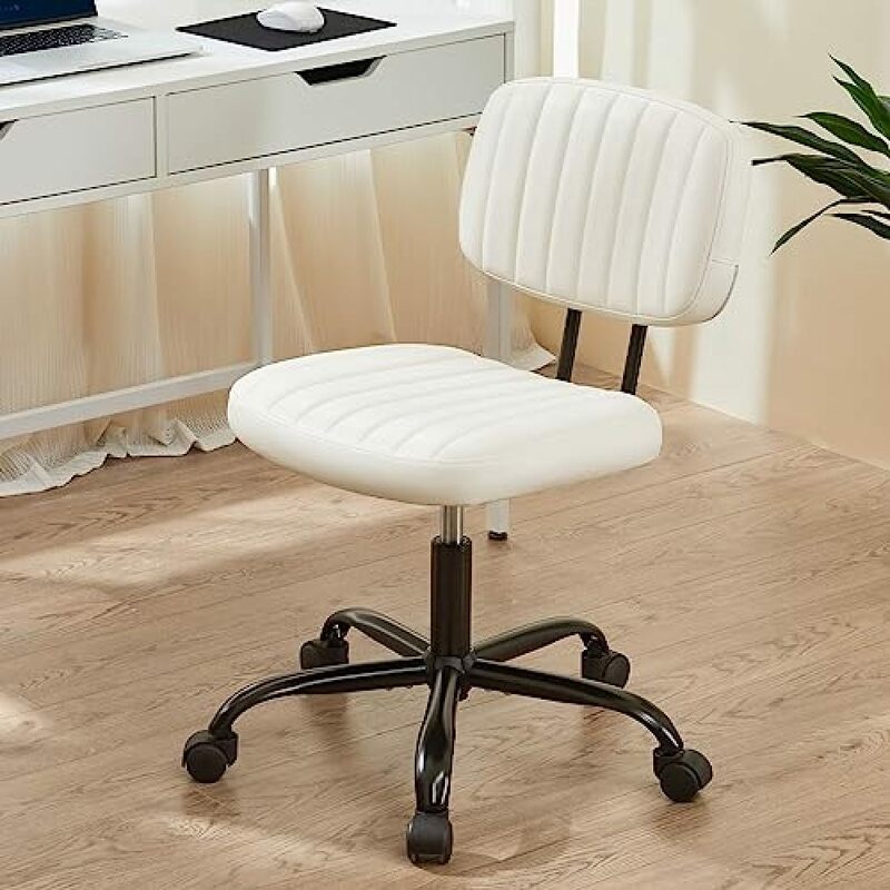 Kursi meja kantor kecil kulit PU, kursi komputer nyaman tanpa sandaran lengan dengan penyangga pinggang dan tinggi dapat disesuaikan