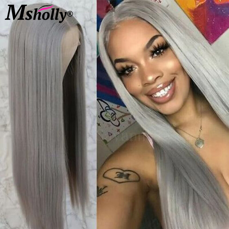 13x4 Silver Grey Straight Human Hair Wigs Gray Colored Lace Front Wig Prepluck With Baby Hair Hairline HD Transparent Brazilian