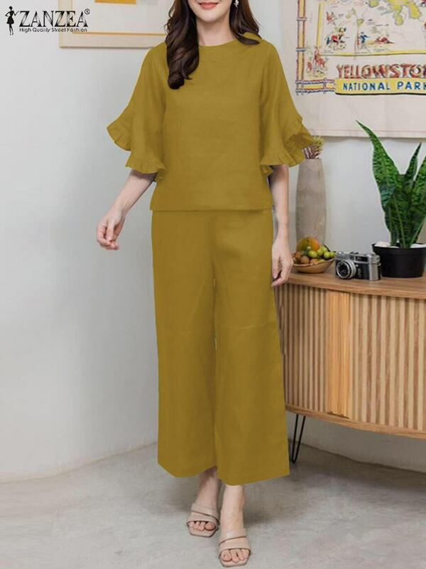 ZANZEA Summer Women Outfits Half Sleeve Solid Blouse Wide Leg Pant Sets Elegant OL Work Trouser Suits Female Loose Matching Sets