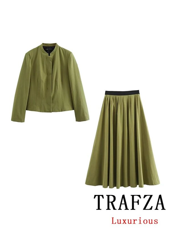 Женский винтажный костюм TRAFZA, однотонный зеленый костюм с прямым длинным рукавом, пальто со складками и длинная юбка, весна-лето 2024