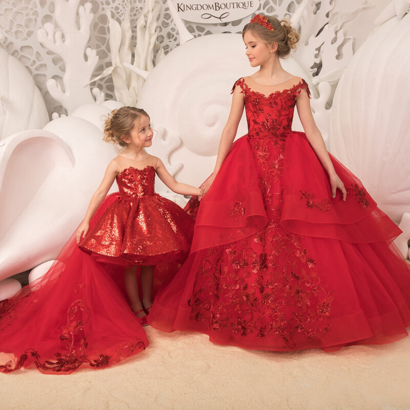 Lorencia czerwone dziecko dziewczęca sukienka w kwiaty na ślub suknia balowa z krynoliną wysokie niskie księżniczki dzieci suknia na konkurs piękności pierwsza sukienka komunijna YFD06