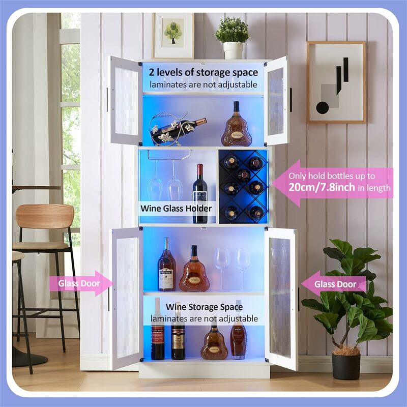 Freestanding Tall Bar Cabinets with Wine Rack and Light, 4 Doors Liquor Storage Cupboard w/ Glass Holder for Kitchen/Dining Room