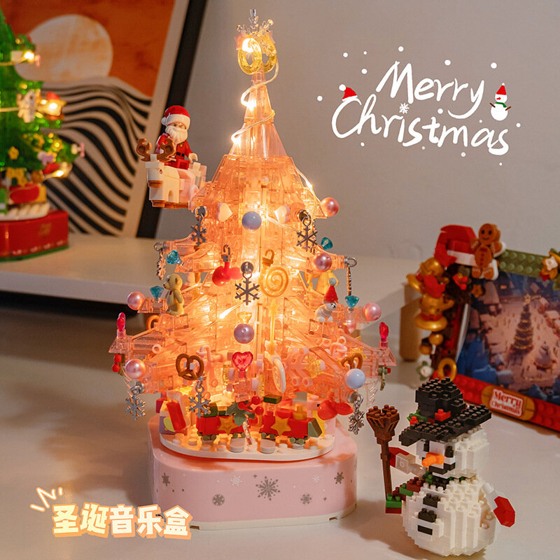 크리스마스 시리즈 핑크 크리스탈 크리스마스 트리 빌딩 블록 장난감, DIY 뮤직 박스, 창의적인 퍼즐 조립 장난감, 여아용 선물