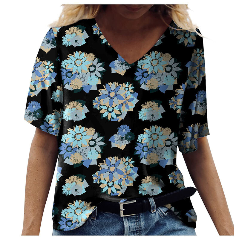 Camiseta vintage de manga curta feminina, decote em v, camiseta estampada com flores, moda casual, coreana, Tops de grandes dimensões, 2023