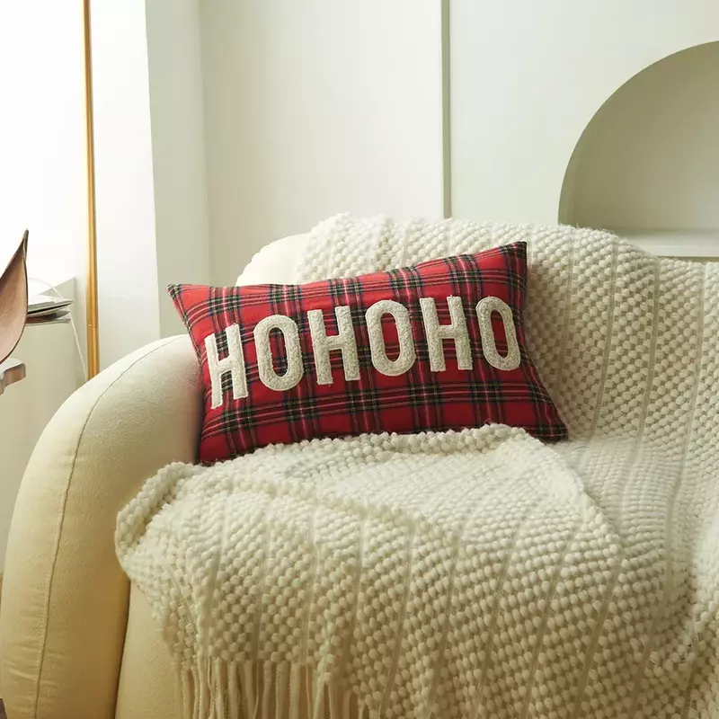 2023 New Christmas Decoration Cushion Cover Plaid Print Letter Embroidery Pillow Case Christmas Decorative Pillows for Sofa