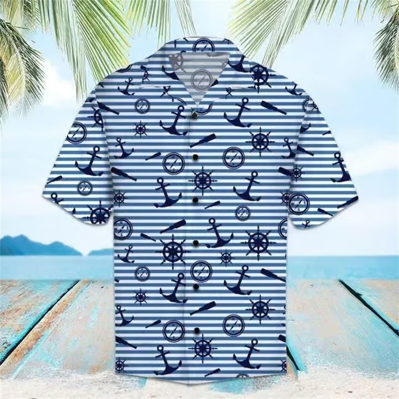 New Men's Camisa Hawaii Stripe Print Short Sleeve Aloha Shirts Cuban Tee Shirt Summer Oversized Casual Female Clothing Blouse