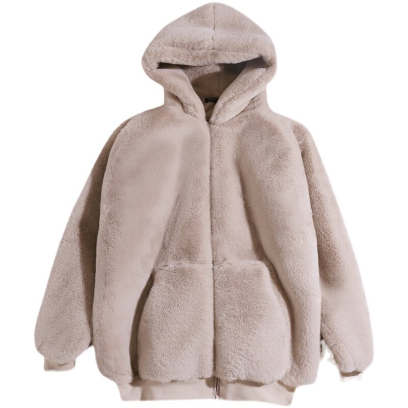 Mantel bulu kelinci imitasi wanita, mantel hangat musim dingin 2024, jaket hoodie mewah model Korea, mantel bulu kelinci imitasi untuk pelajar wanita
