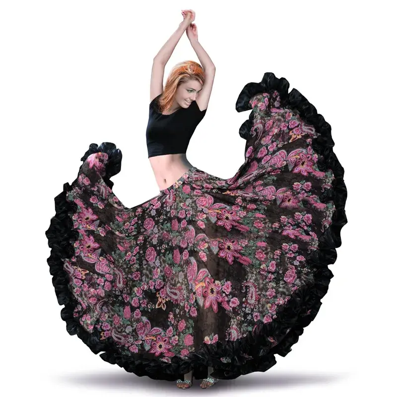 Falda de danza del vientre española, falda de Flamenco, gasa de 720 °, traje de gypsie Tribal, 25 yardas