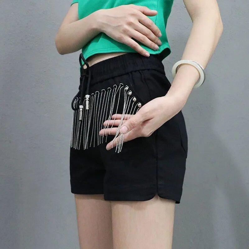 Bonbon farbene Shorts Damen Niet Quasten Sommer neue koreanische hoch taillierte elastische Taille A-Linie weites Bein Hosen Damen Streetwear