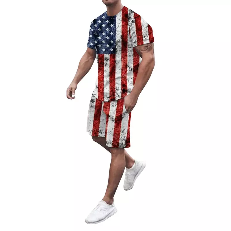 Спортивный костюм мужской из 2 предметов, футболка с 3D принтом, американский флаг, шорты, уличная одежда, костюм оверсайз