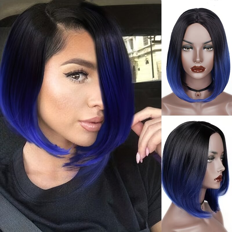 Short Bob Straight Synthetic Wig Ombre Wig Black To Red Side Part Daily Cosplay Party Wig 12 Inches Fiber Wigs for Women