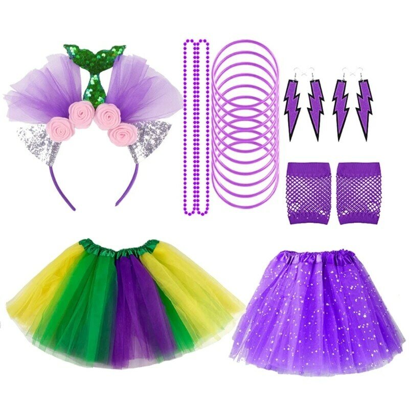 Y166 Conjunto disfraz Mardi Gras con diadema, falda tutú, pendientes, accesorios para festivales