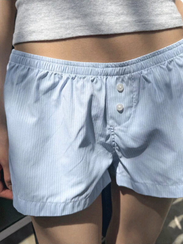 Celana pendek katun kasual bergaris biru celana pendek pendek pendek lurus berkancing pinggang elastis musim panas pakaian dalam rumah manis longgar Vintage Y2k