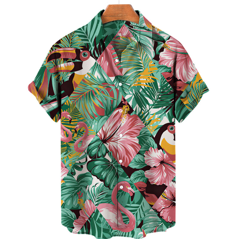 하와이안 열대 식물 꽃 플라밍고 프린트 디자인 남성용 반팔 셔츠, 해변 해변 패션, 단추 다운 셔츠 탑