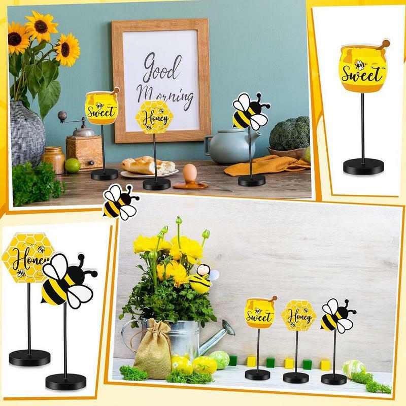 Letrero de mesa de abeja para fiesta, centro de mesa de pie de abeja rústica, centro de mesa de granja, Festival de abejas, madera, 3 piezas
