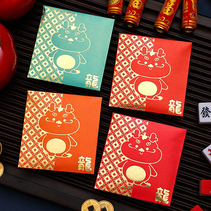 Sobre rojo de la suerte de Año Nuevo Chino, 6 piezas de dibujos animados, 2024, 2024, regalo, bolsillo para dinero, paquete rojo, suministros para fiestas de Año Nuevo